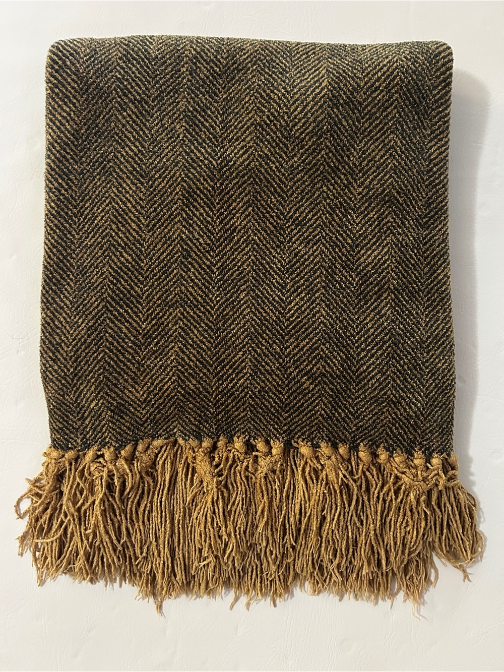 Restoration Hardware Harringbone Throw Blanket Blue Tan Fringe 52x70